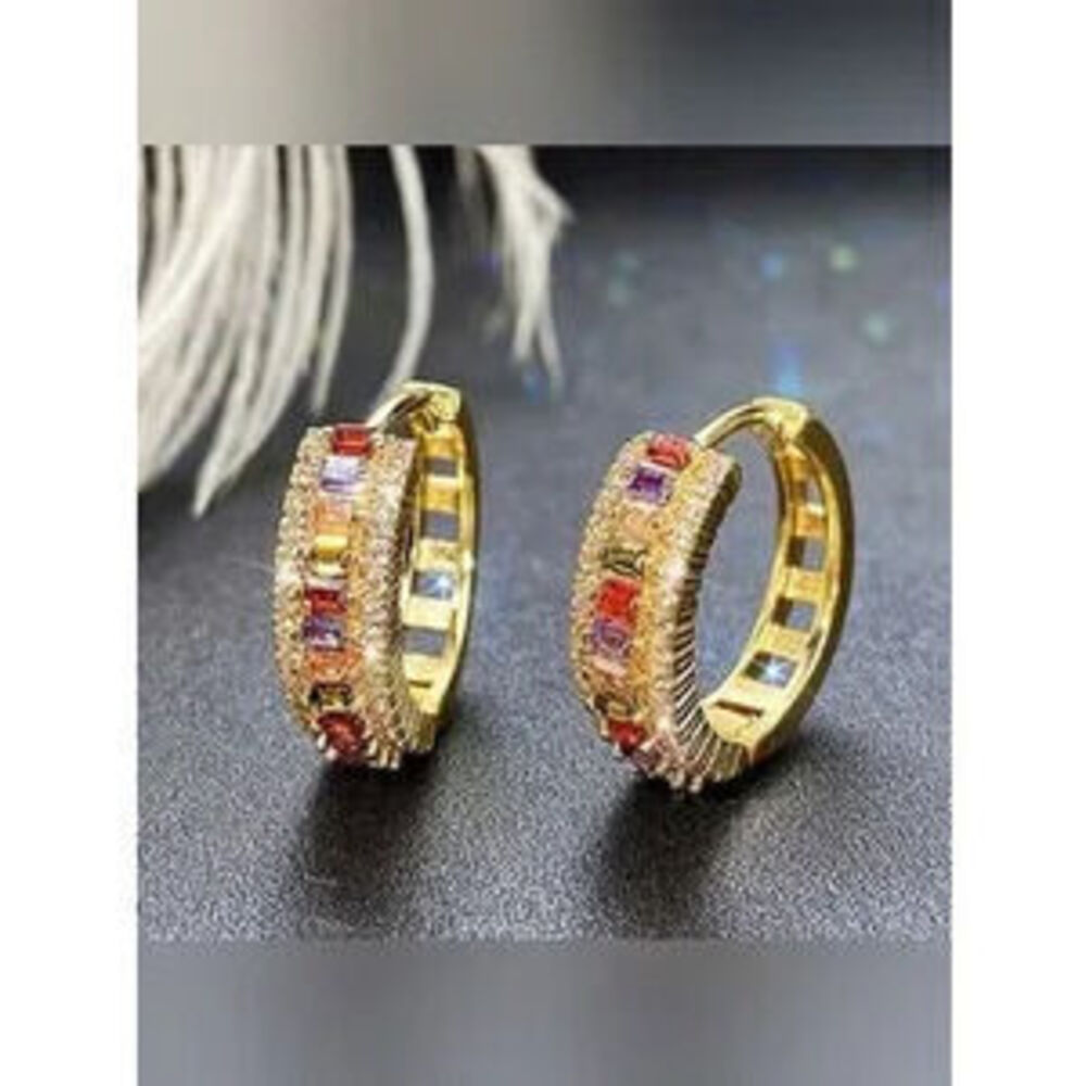 Copper Rainbow CZ Hoop Earrings - Gold-Tone Multi-Stone Huggies Dainty